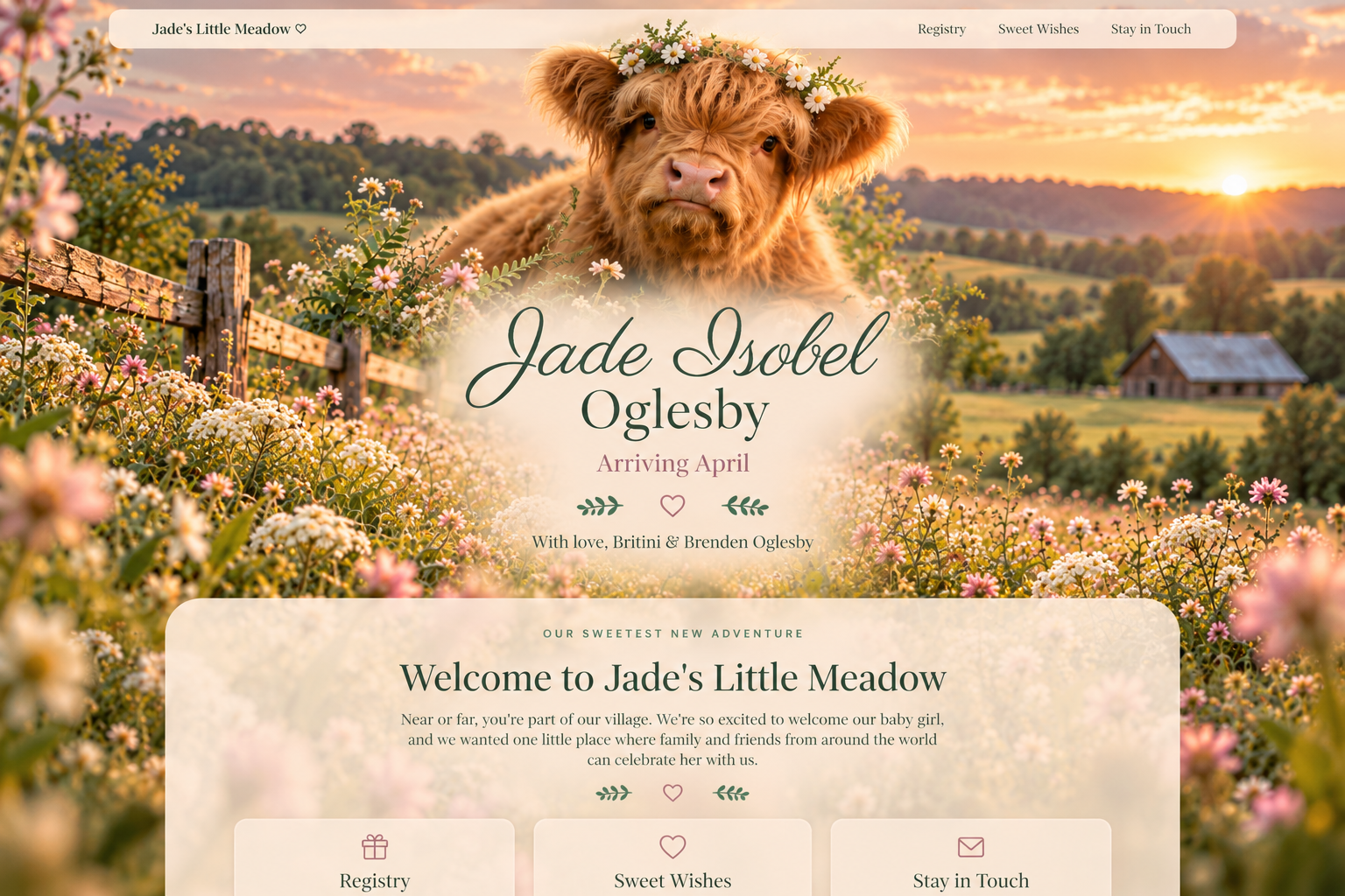 A flower-crowned Highland calf resting above the name Jade Isobel Oglesby, arriving April 4, 2027, against a golden-hour meadow filled with wildflowers, a rustic fence and rolling hills.
